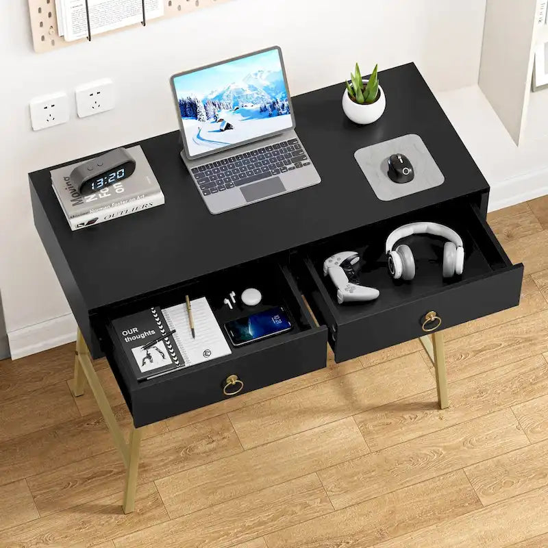 Bureau d'angle moderne avec 2 tiroirs et pieds dorés