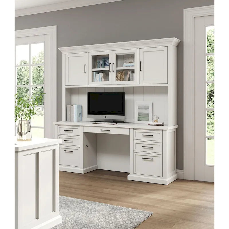 Hutch moderne en bois avec portes et rangement de bureau, crédence de bureau blanche avec portes Shaker et panneaux à rainures et languettes