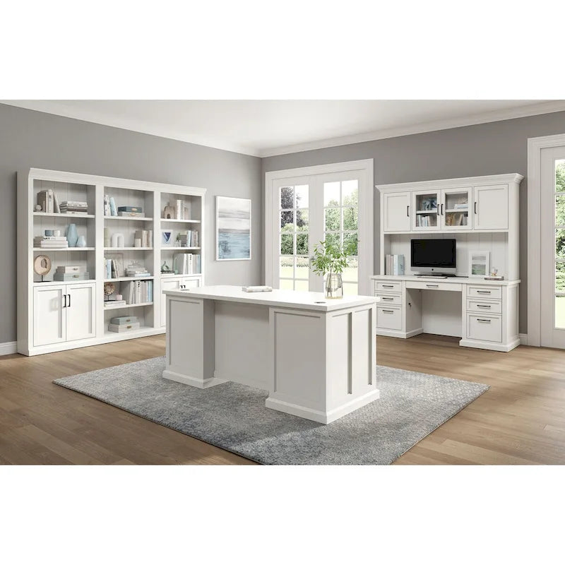 Hutch moderne en bois avec portes et rangement de bureau, crédence de bureau blanche avec portes Shaker et panneaux à rainures et languettes