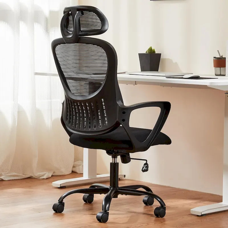 Chaise de bureau ergonomique à dossier haut en maille avec appui-tête et support lombaire réglables