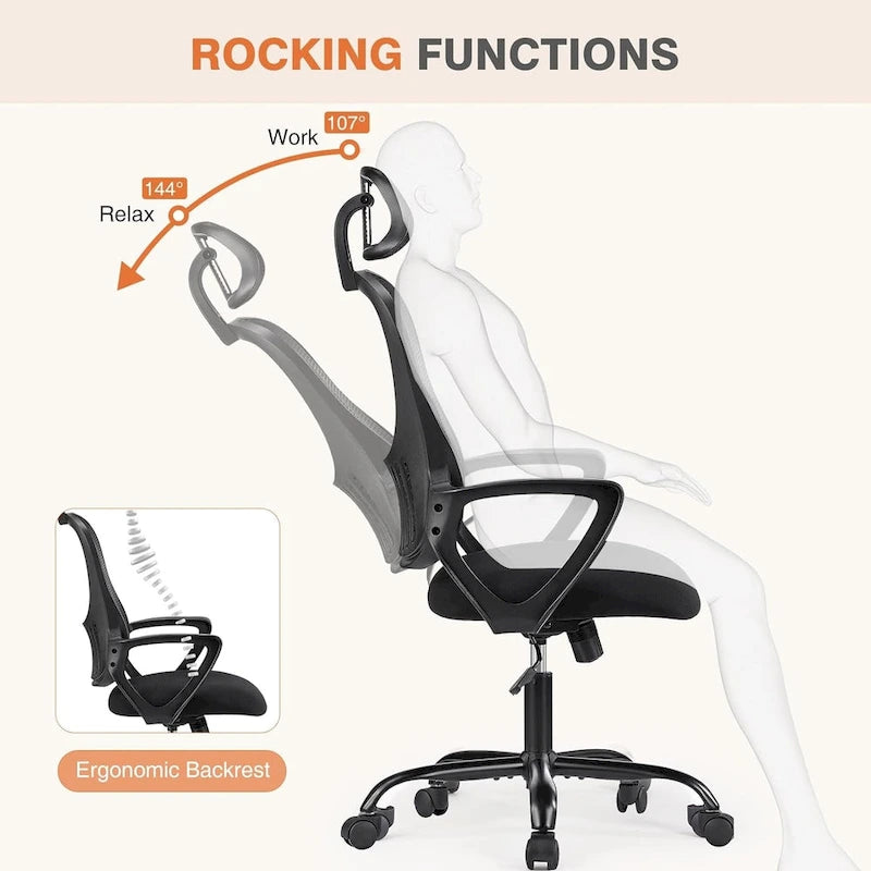 Chaise de bureau ergonomique à dossier haut en maille avec appui-tête et support lombaire réglables