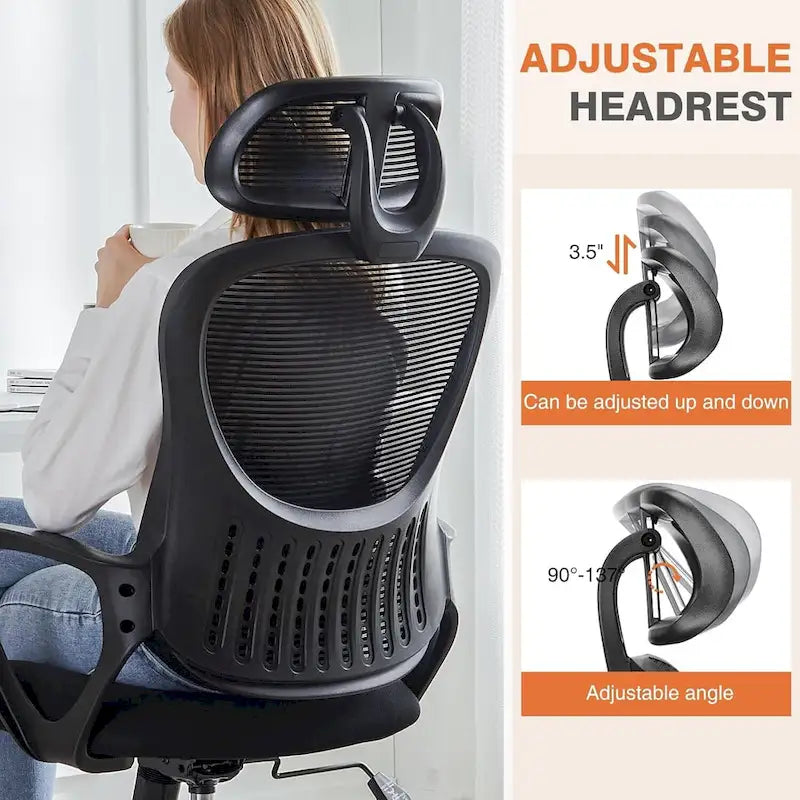 Chaise de bureau ergonomique à dossier haut en maille avec appui-tête et support lombaire réglables