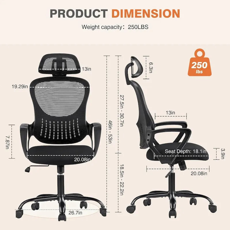 Chaise de bureau ergonomique à dossier haut en maille avec appui-tête et support lombaire réglables