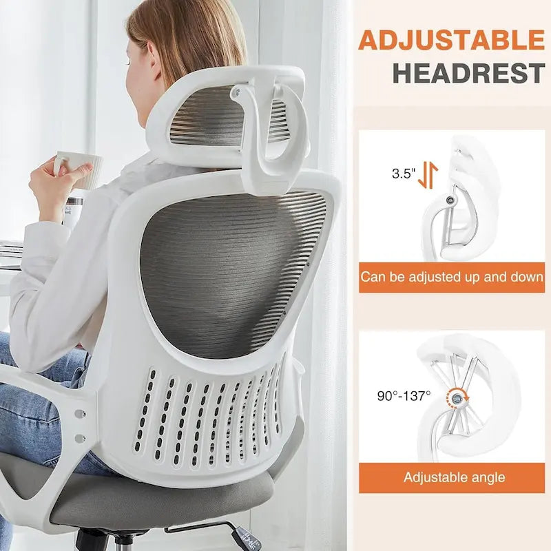 Chaise de bureau ergonomique à dossier haut en maille avec appui-tête et support lombaire réglables