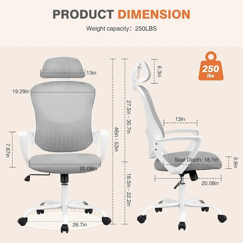 Chaise de bureau ergonomique à dossier haut en maille avec appui-tête et support lombaire réglables