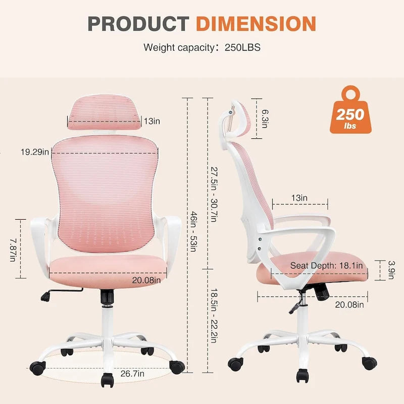 Chaise de bureau ergonomique à dossier haut en maille avec appui-tête et support lombaire réglables